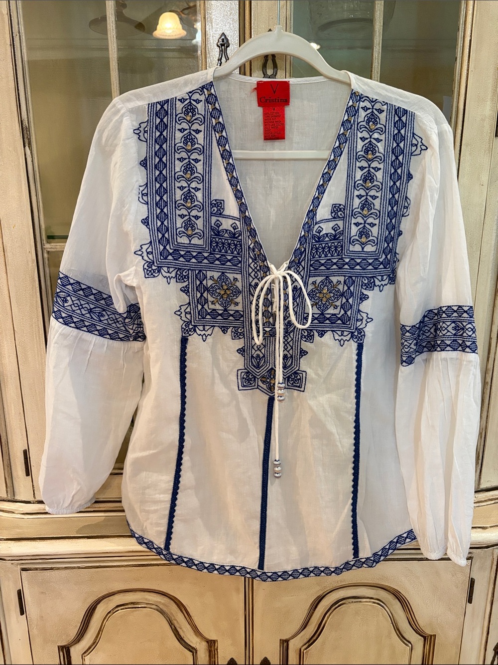 Cristina White Tunic with Blue Embroidered Yoke